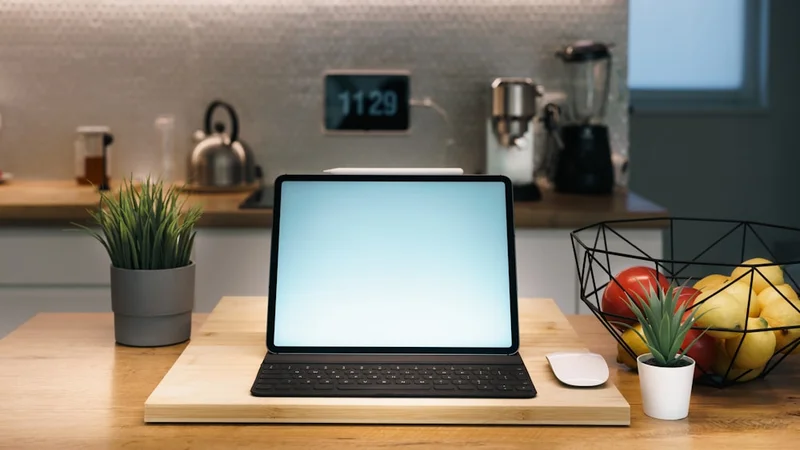 junger Mann arbeitet am Laptop in einer sonnigen Wohnung mit Blick auf eine europaeische Strasse