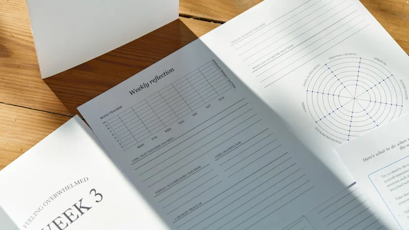 Ein Tagebuch, das auf einem Holzschreibtisch im Morgenlicht aufgeschlagen ist, mit einem Stift auf der Seite — Symbol für die tägliche Praxis der Selbstreflexion