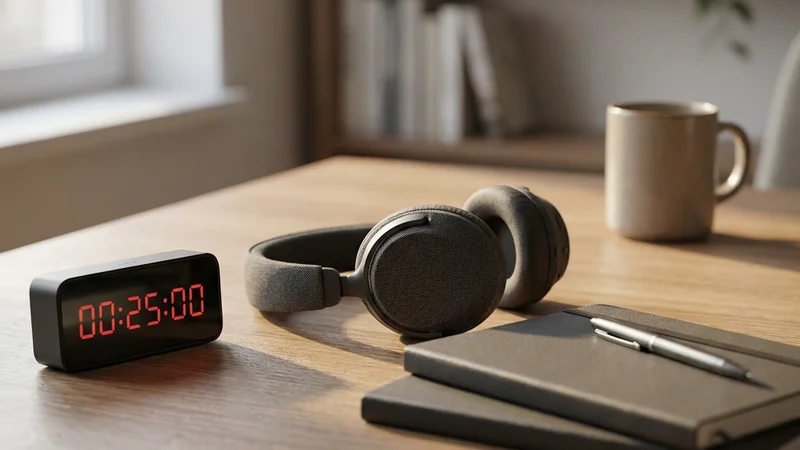 clean wooden desk with a Time Timer Pro, noise-canceling headphones, and an open structured planner showing color-coded time blocks