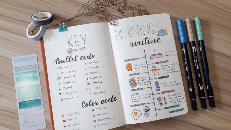 Close-up of hands writing in a new planner on the first blank page, pen resting on "week one", soft focus background
