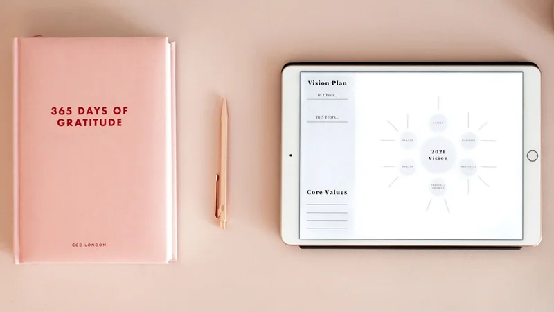 Overhead view of a gratitude journal open to a handwritten page beside a morning coffee cup and a small succulent, clean minimal workspace