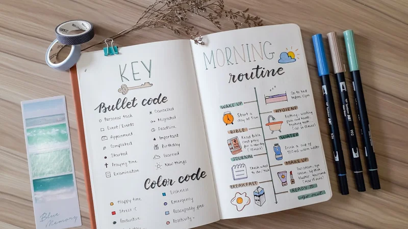 Minimalist flat-lay of a morning setup: open planner with handwritten daily intentions, a glass of water, pen, and no digital devices in sight