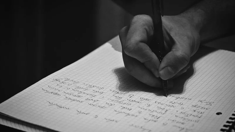 Open journal with a pen resting on the page, soft natural light, a person's hands visible, atmosphere of quiet reflection