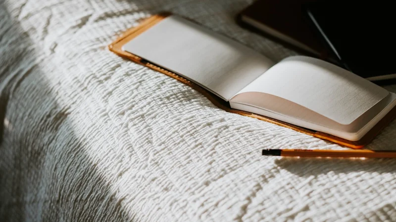 person at a calm desk in early morning light writing in a notebook