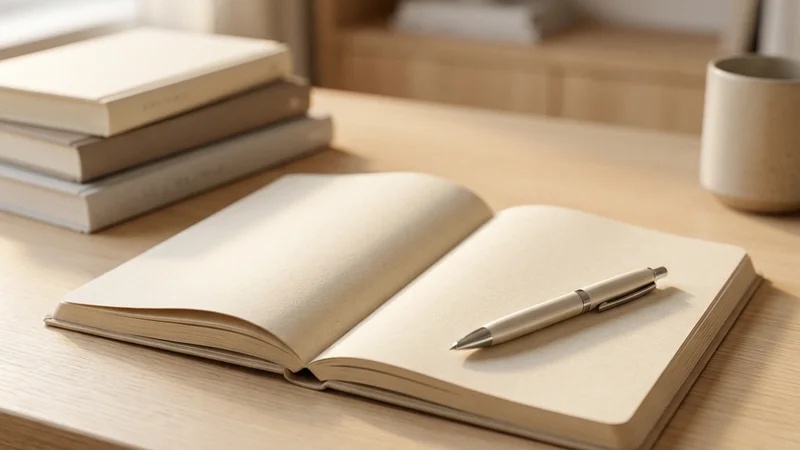 Un cuaderno abierto y una pluma sobre un escritorio de madera limpio, con luz natural cálida cayendo sobre las páginas en blanco — la primera hoja todavía vacía, esperando