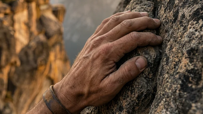 Una mano curtida apoyada con firmeza contra la roca rugosa, el agarre decidido y seguro, con la luz dorada resaltando la textura de la piedra y la piel