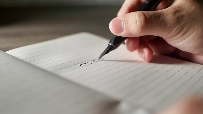 Primer plano de manos escribiendo en un cuaderno con tinta y textura de papel visibles, iluminación natural cálida — imperfección auténtica en contraste con el pulido digital