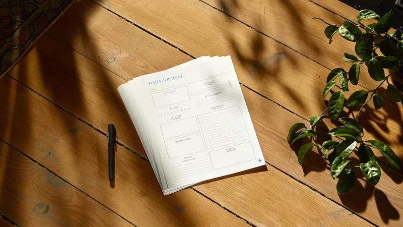 Journal ouvert avec une courte liste d'objectifs simples, posé à côté d'un café du matin dans une lumière naturelle douce sur une table en bois chaud