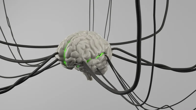 Schéma cérébral illustré mettant en évidence le réseau en mode par défaut en bleu froid et le cortex préfrontal en ambre chaud, avec une voie de connexion atténuée entre eux représentant le contrôle cognitif réduit