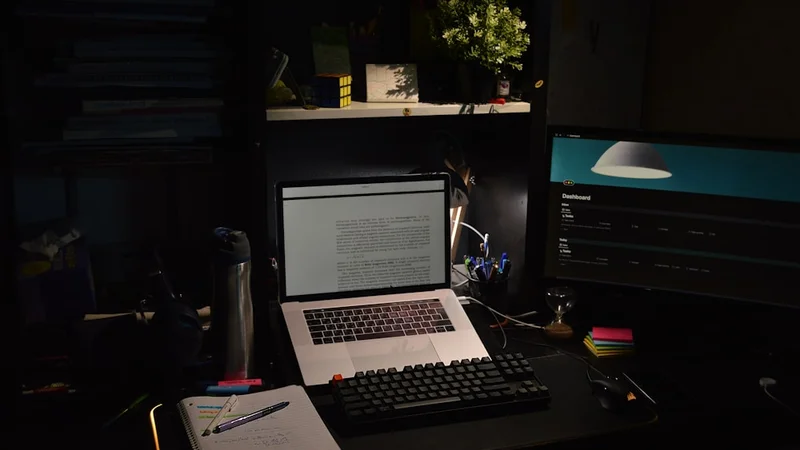 un bureau épuré avec une lumière naturelle chaleureuse, des écouteurs à réduction de bruit et un carnet posé à côté d'un ordinateur portable