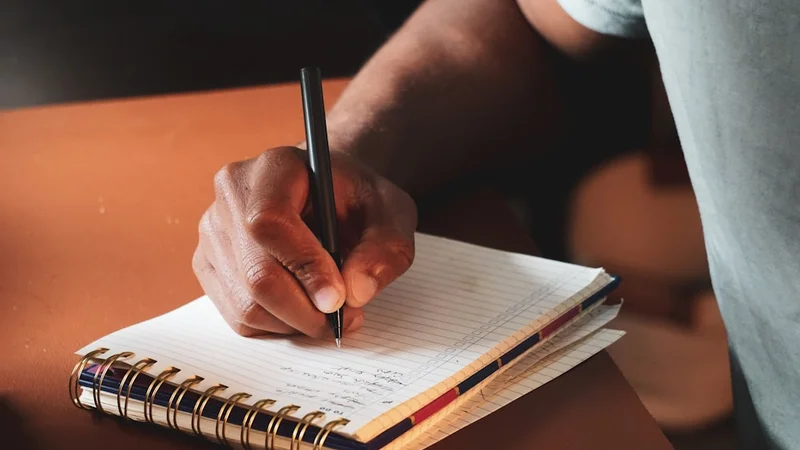 Gros plan sur des mains écrivant dans un journal de preuves, lumière du matin | syndrome de l'imposteur journal examen des preuves pratique