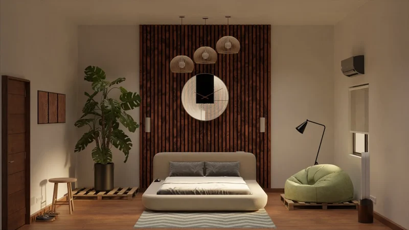 Um quarto minimalista com um livro na mesinha de cabeceira e um carregador de celular posicionado no lado oposto do quarto