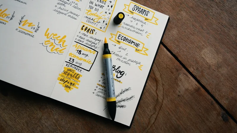 Caderno aberto com um plano escrito à mão — "às 9h: abrir documento, antes do e-mail" — ao lado de um café da manhã numa mesa de madeira limpa, luz natural quente